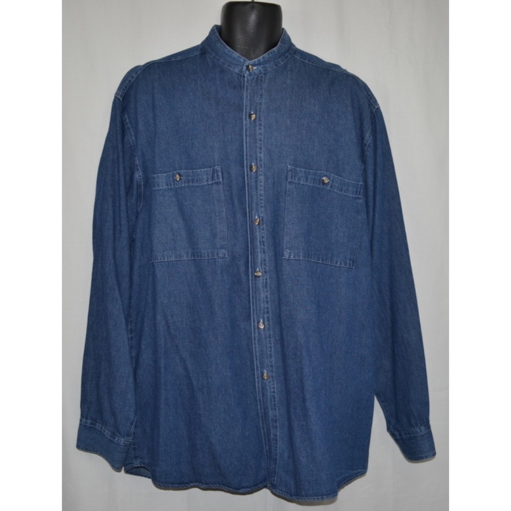 VTG Cactus Clothing Denim Blue Jean Work Shirt Band Collar‎ Mens L 90s